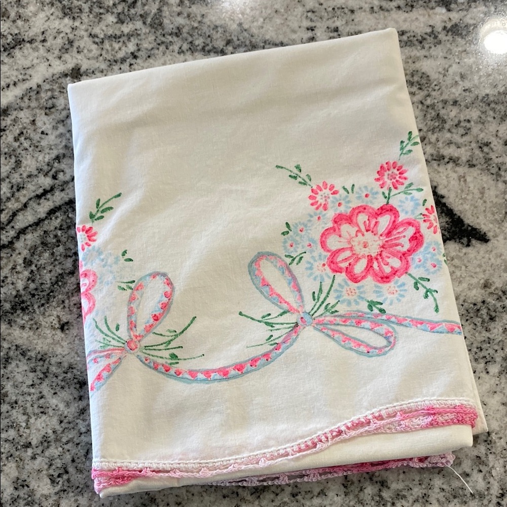 Vintage Hand Painted & Crocheted White Floral Pillowcase!